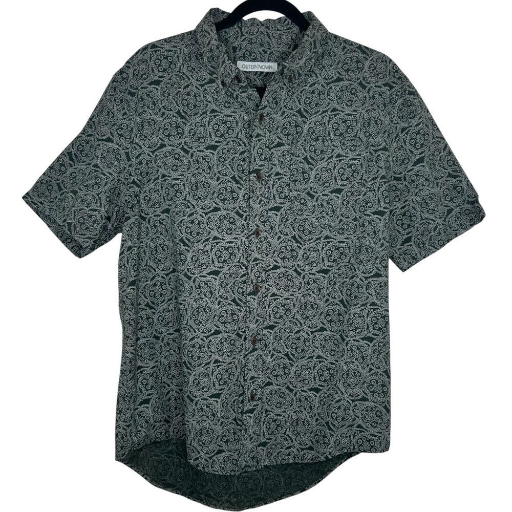 Outerknown Studio Shirt Men M Green Paisley Hawaiian Short Sleeve Button Cotton‎ - Picture 2 of 12